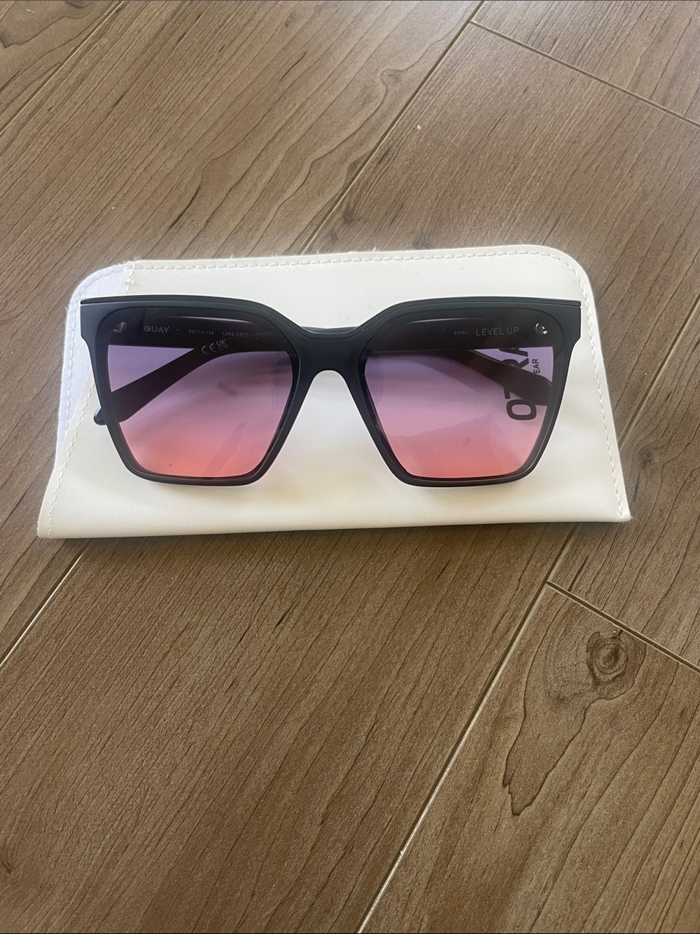 Quay Australia Black Matte “Level Up”Frame Sunglasses with Pink Gradient Lenses